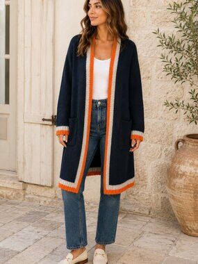 Made in Italy Cardigan Womens S/M Navy Wool Blend Longline Open Front Pockets